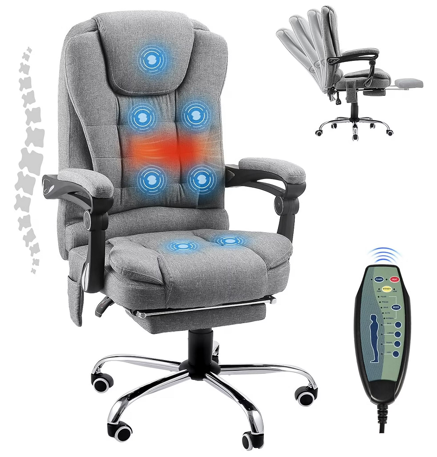 AECOJOY Ergonomic Office Chair with Heat &7 Points Massage High Back Desk Chair w/Retractable Footrest, Executive Swivel Fabric Reclining Chair for Office, Home, Study, Grey