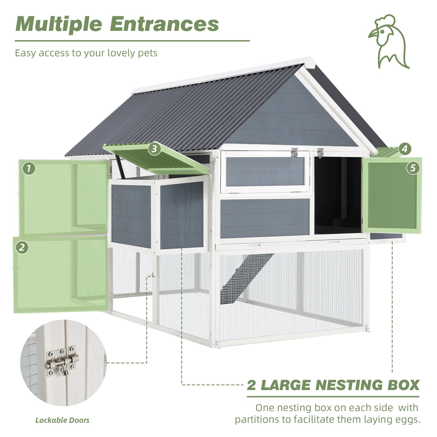 YODOLLA 84” Outdoor Large Chicken Coop, Wooden Hen House Poultry Cage for 10 Chickens Walk in Chicken House with Run, Grey