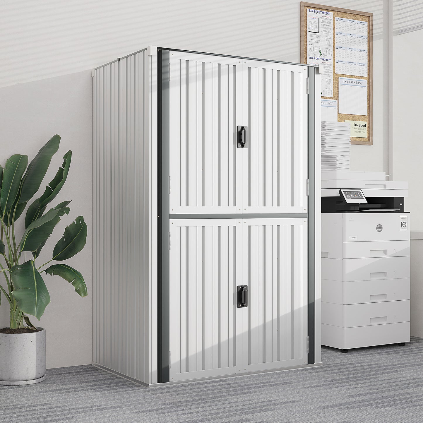 AECOJOY 46.4" Big Storage Cabinet Metal Organizer with Doors and Shelves for both Indoor/ Outdoor, Patio Storage Building for Outside& Garden in White