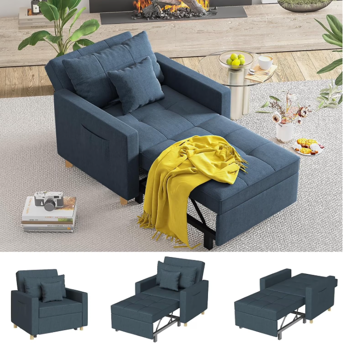 YODOLLA 3-in-1 Futon Convertible Sleeper Sofa Bed Chair for Living Room,Pull Out Couch in Navy Blue
