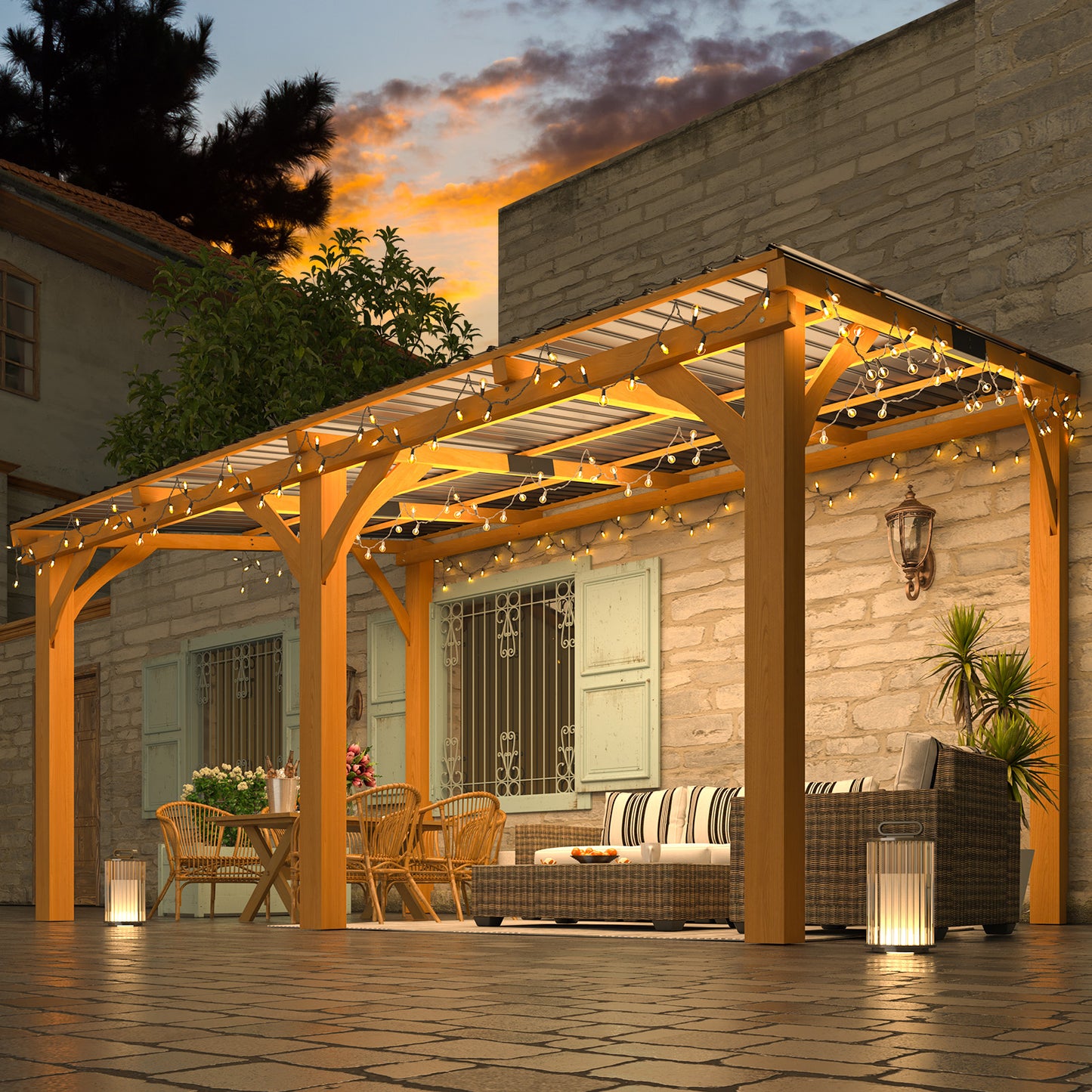 YODOLLA 14' x 10' Wall-Mounted Outdoor Wood Gazebo, Hardtop Cedar Pergola with Heavy-Duty Awnings for Patio, Deck, Backyard