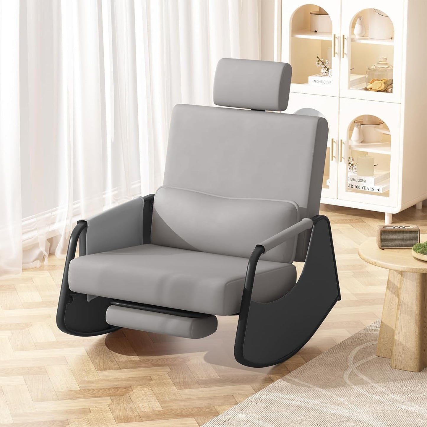 AECOJOY Rocking Chair with Pull-out Footrest for Nursery, Glider Recliner 3-Position Adjustable Backrest with Side Pocket , Dark Gray