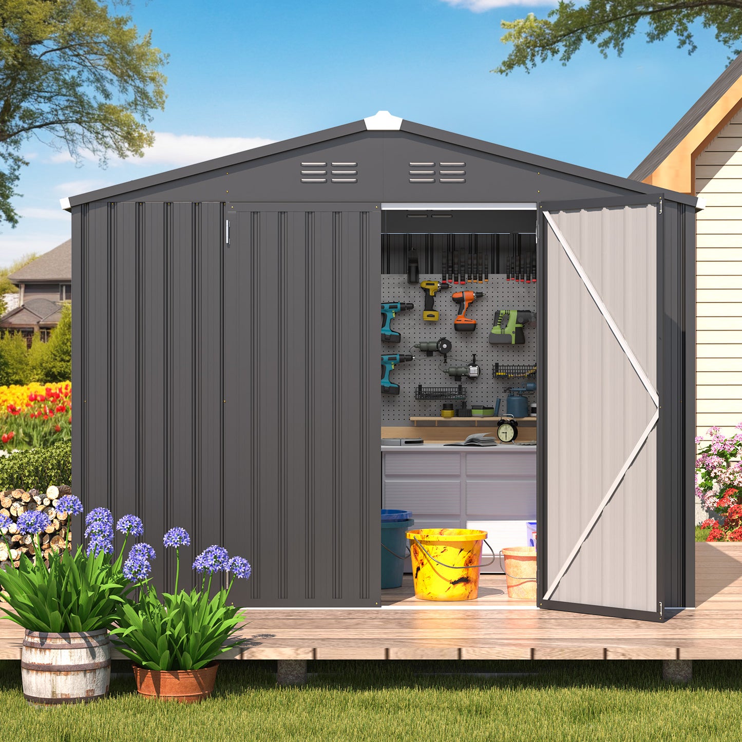 YODOLLA 8 x 6 ft. Outdoor Metal Storage Shed with Sliding Roof & Lockable Door in Dark Gray
