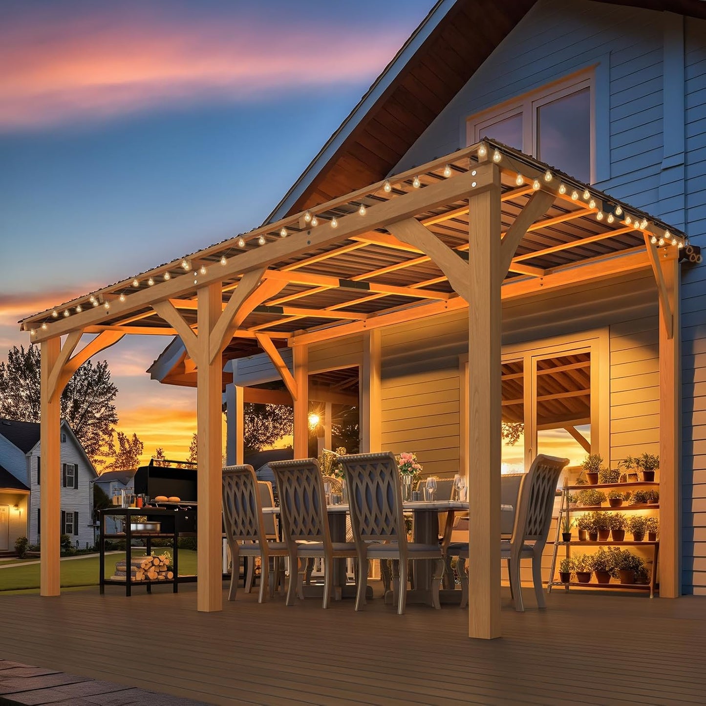 YODOLLA 12' x 10' Wall-Mounted Outdoor Wood Gazebo, Hardtop Cedar Pergola with Heavy-Duty Awnings for Patio, Deck, Backyard