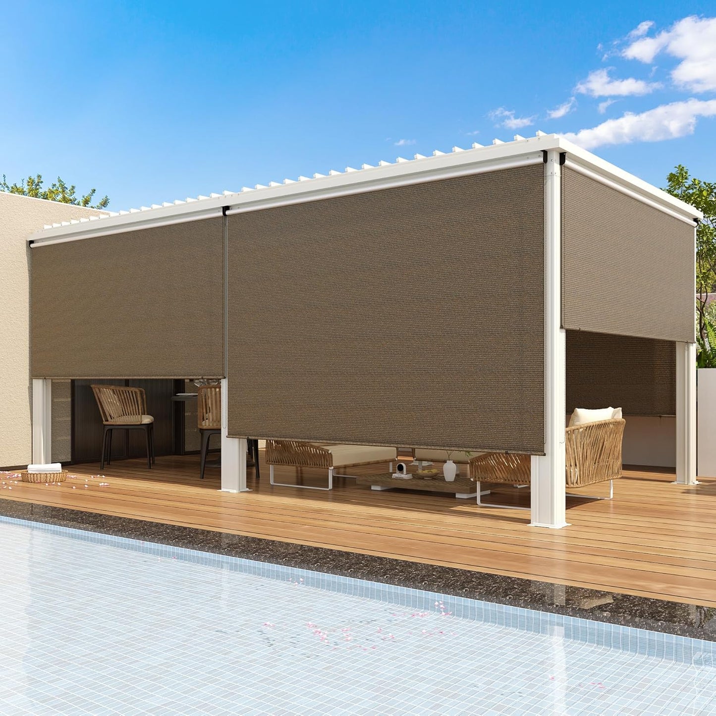 YODOLLA 10'(W) x 10'(H) Outdoor Roller Shade, 220GSM HDPE Cordless Roll Up Shade Blinds with 99% UV Protection, Privacy Sun Shade Canopy for Pergola, Gazebo, Patio, Brown