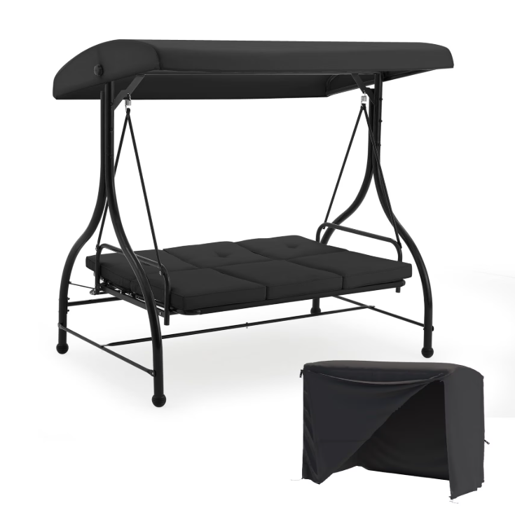 AECOJOY 3 Person Steel Outdoor Patio Canopy Adjustable Steel Porch Swing Chair with Cover, Black