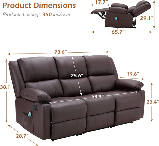YODOLLA 3 Seat Leather Recliner Sofa with Massage Heated Function, Home Theater Seating Chair in Brown