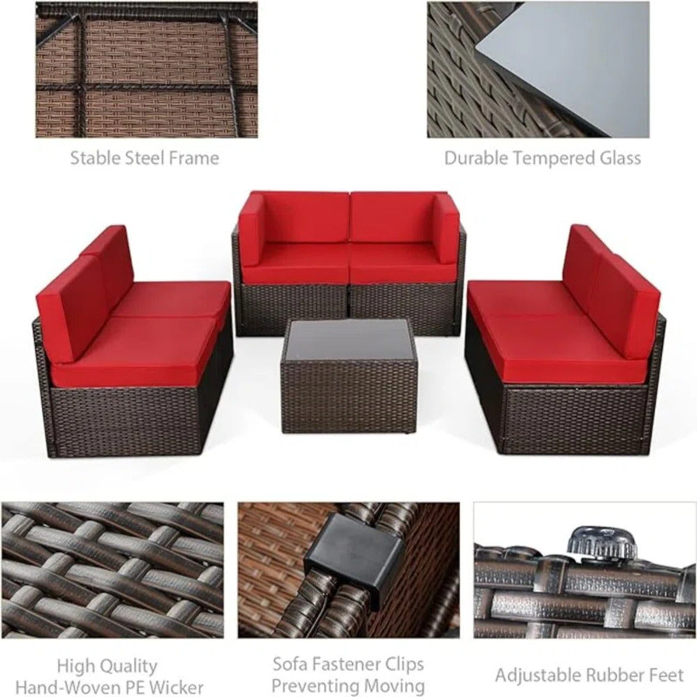 YODOLLA 7-Piece Patio Furniture Set with 30" Fire Pit Table, Rattan Wicker Outdoor Sectional Sofa Couch with Table Patio Conversation Set for Lawn& Backyard In Brown&Red