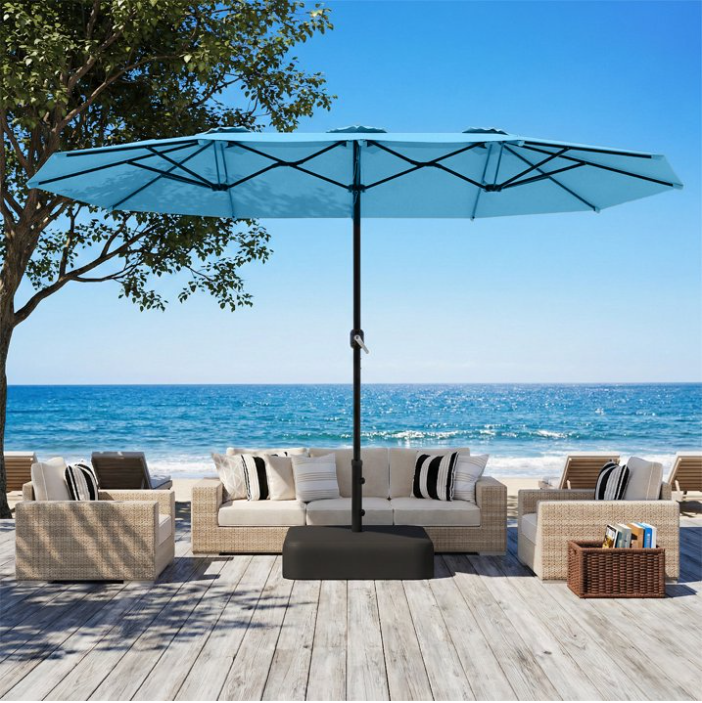 AECOJOY 15 x 9 ft Double-Sided Rectangular Patio Umbrella with Crank Handle, 1.9" Steel Pole, Weatherproof UV Protection Outdoor Market Umbrella,Blue