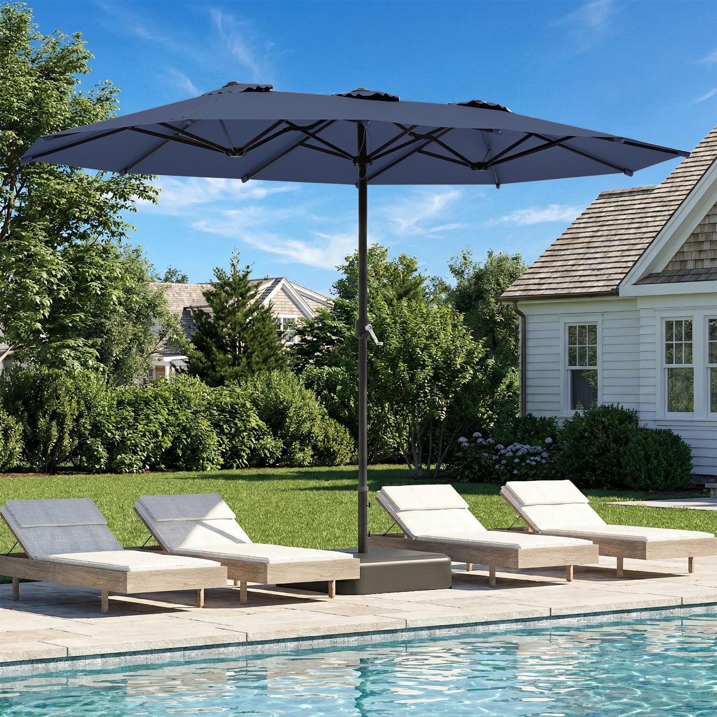 YODOLLA 15 x 9 ft Patio Umbrella with Base, Double-Sided Rectangular Market Umbrella with Crank Handle, 1.9" Pole, Dark Blue