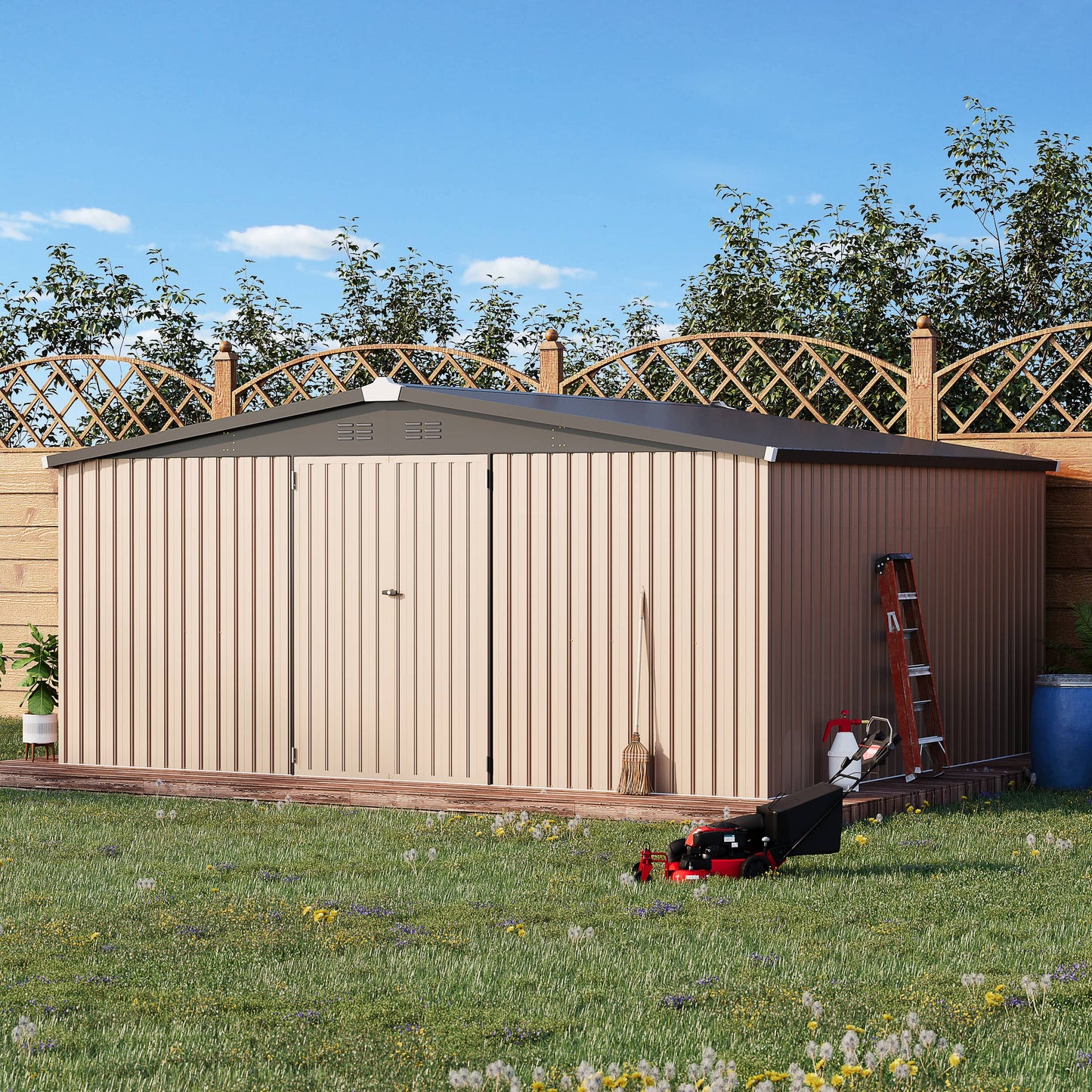 YODOLLA 14 x 12 ft. Outdoor Metal Storage Shed with Sliding Roof & Lockable Door