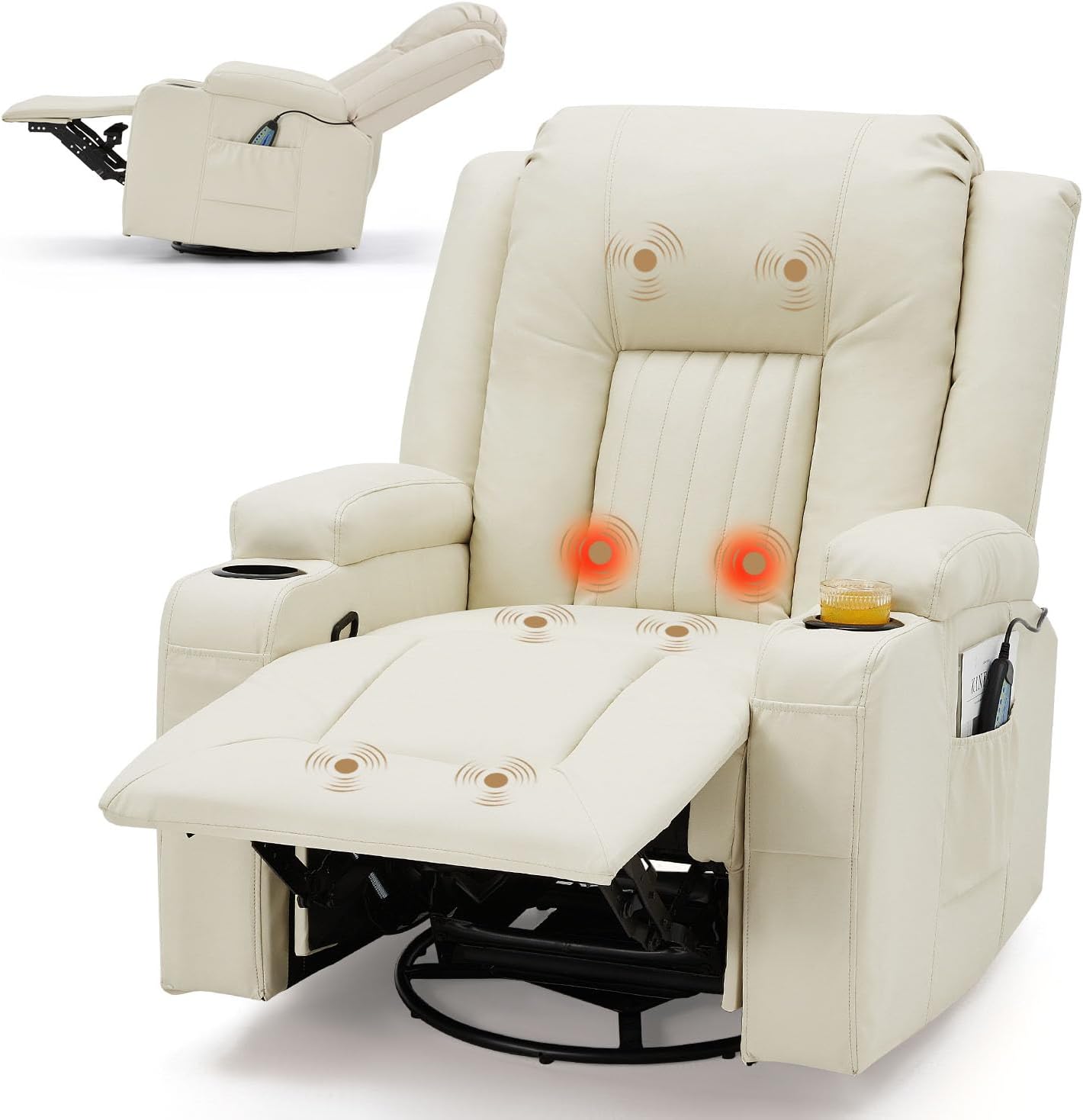 AECOJOY Massage Manual Recliner Chair with Heat and Vibration Massage, PU Leather Swivel Rocker Recliner Chair for Adults with 2 Cup Holders, Remote Control-Cream White