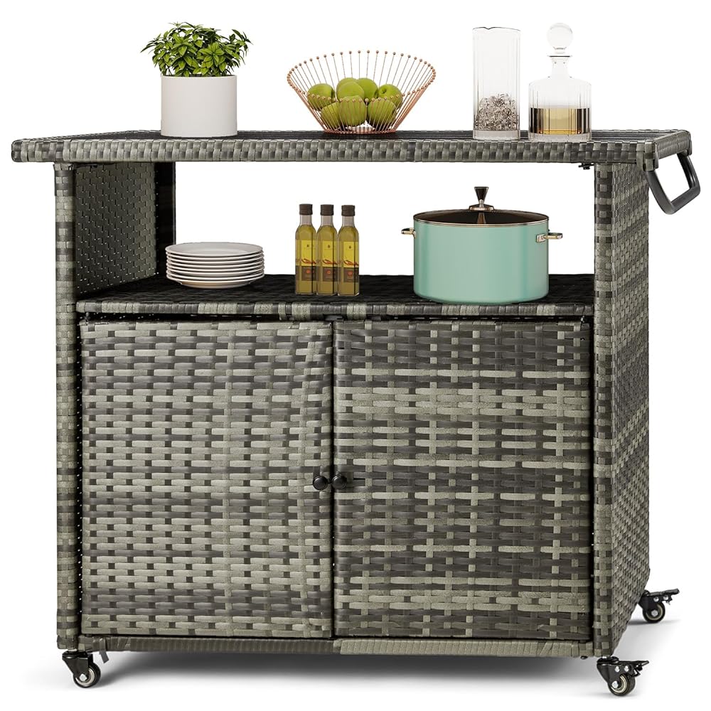 AECOJOY Patio Wicker Bar Tables with Wheels&Shelf Patio Serving Table Outdoor Storage Cabinet Outdoor Bar Cart