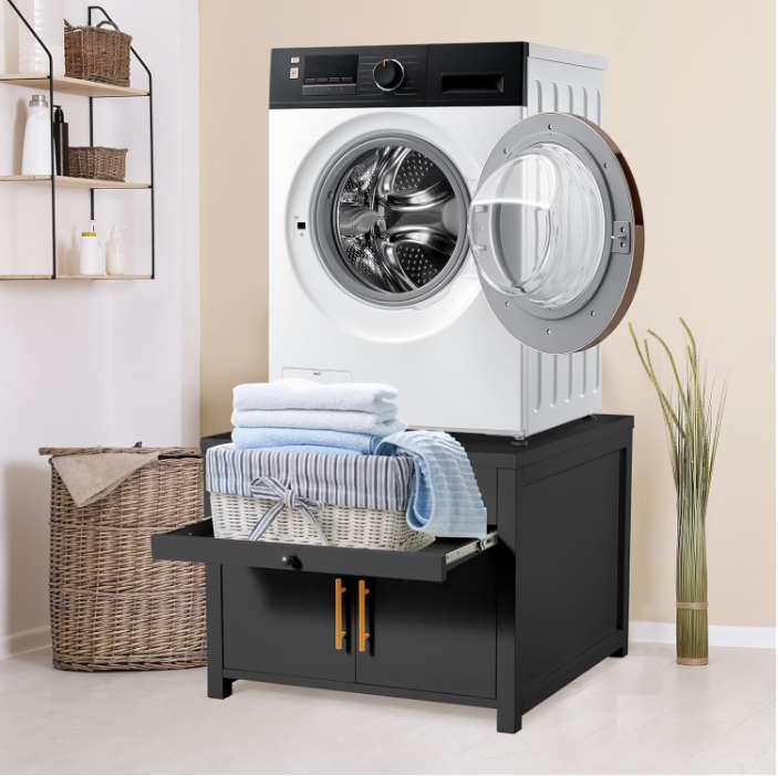 AECOJOY 700 LBS Capacity Heavy Duty Laundry Pedestal, Shock-Proof Washer Dryer Stand with Pull-Out Shelf, Hidden Storage and Drainage, Dark Black