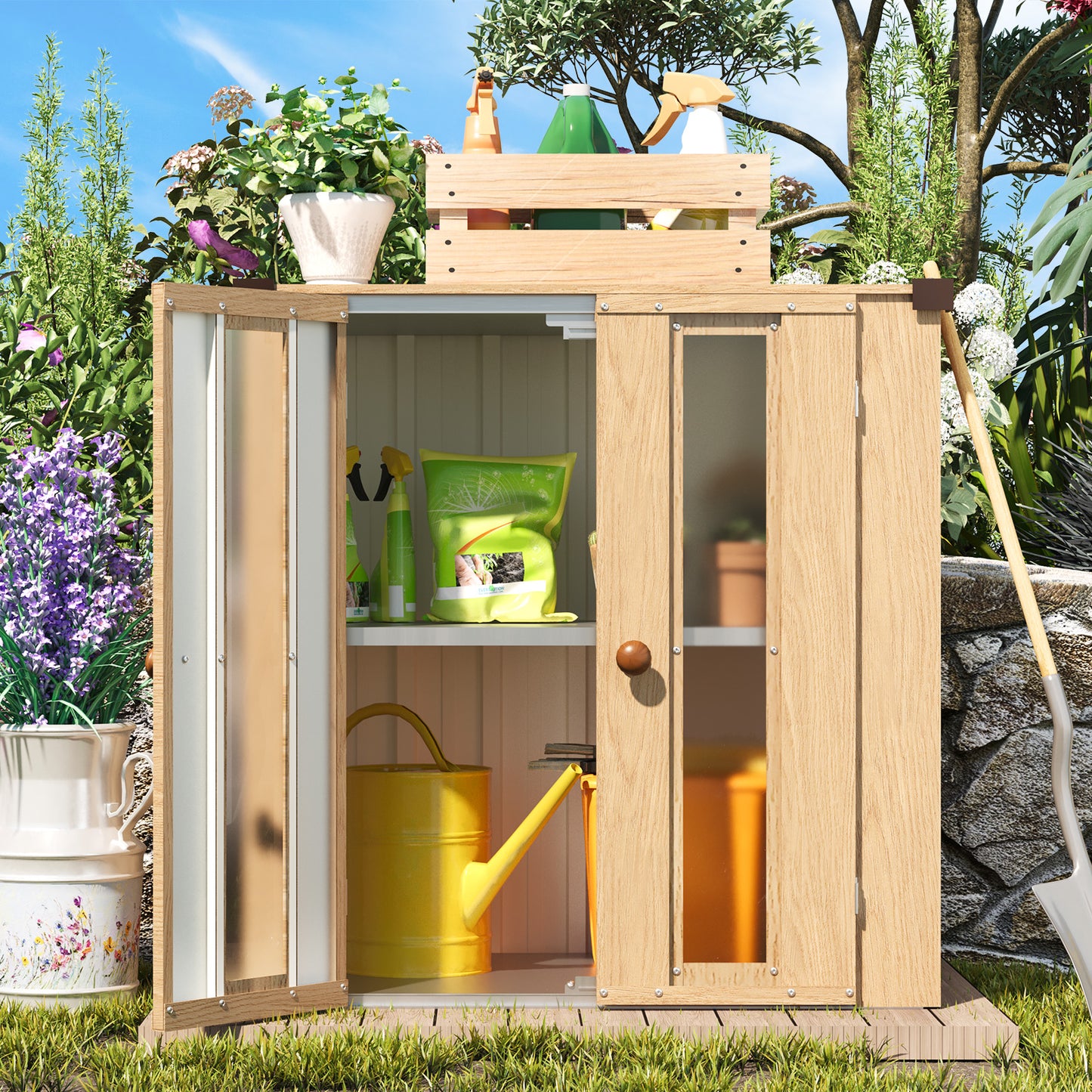 AECOJOY Small Outdoor Storage Cabinet Waterproof with Shelves, Deck Box, Vertical Garden Storage Sheds, Garden Sheds & Outdoor Storage Cabinet Weatherproof for Patio Wood Grain