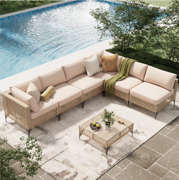 YODOLLA 7-Piece Patio Furniture Set with Coffee Table, Rattan Wicker Outdoor Sectional Sofa Couch Conversation Set in Light Brown Rattan&Beige Cushions