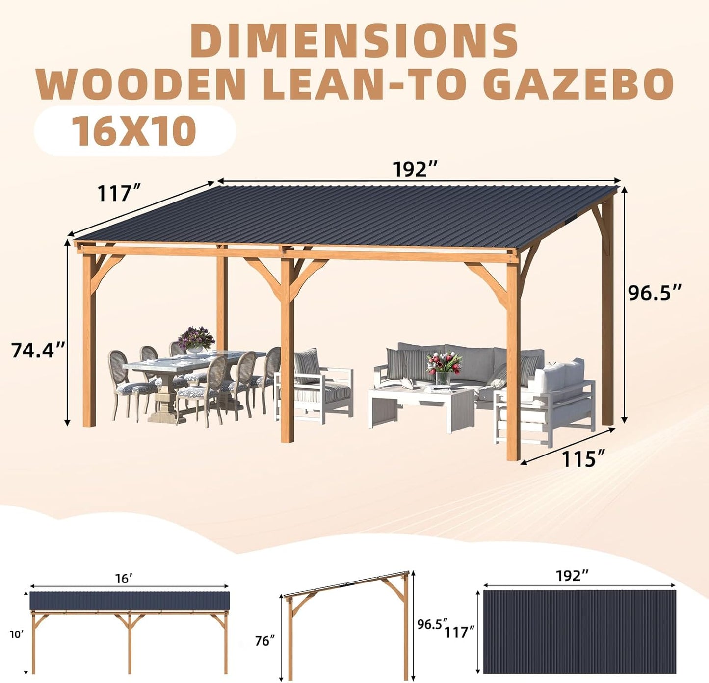 YODOLLA 16' x 10' Wall-Mounted Outdoor Wood Gazebo, Hardtop Cedar Pergola with Heavy-Duty Awnings for Patio, Deck, Backyard
