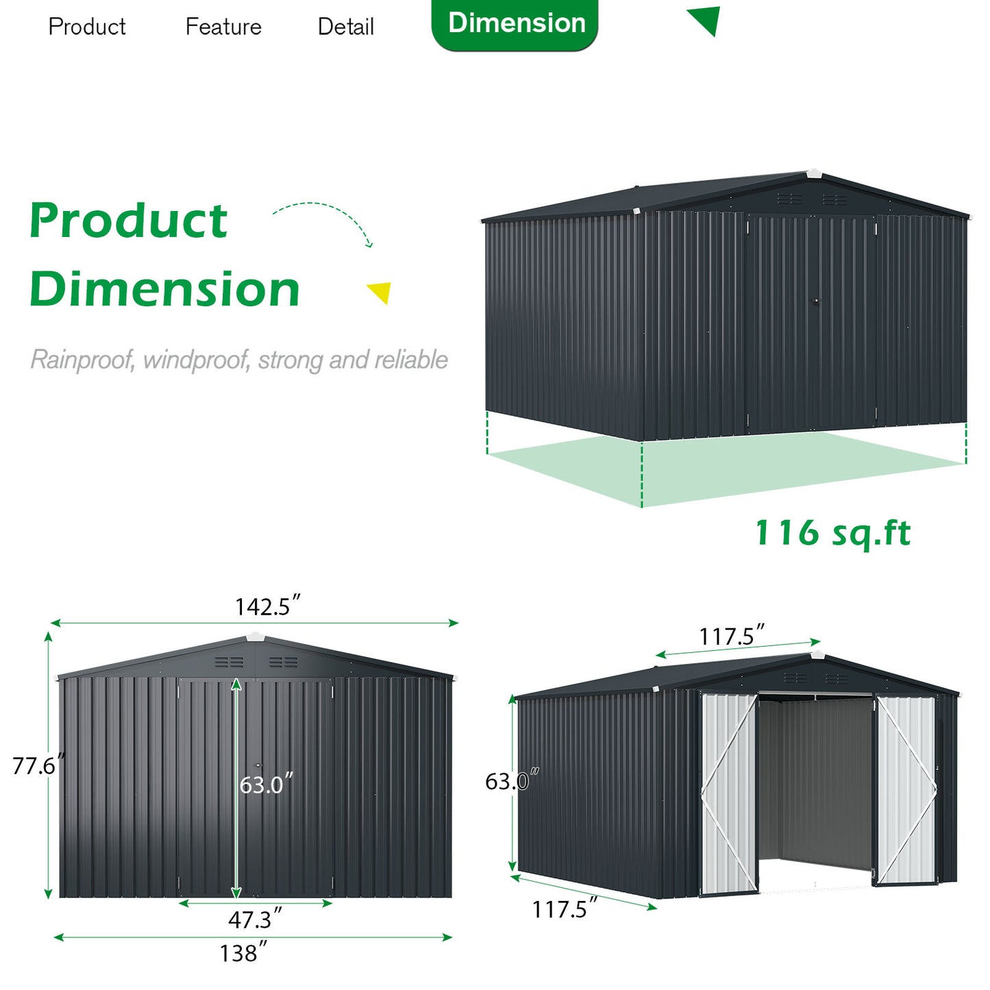 AECOJOY 12' x 10' Outdoor Storage Shed with Lockable Door Patio Metal Garden Storage Building in Dark Gray for Outside