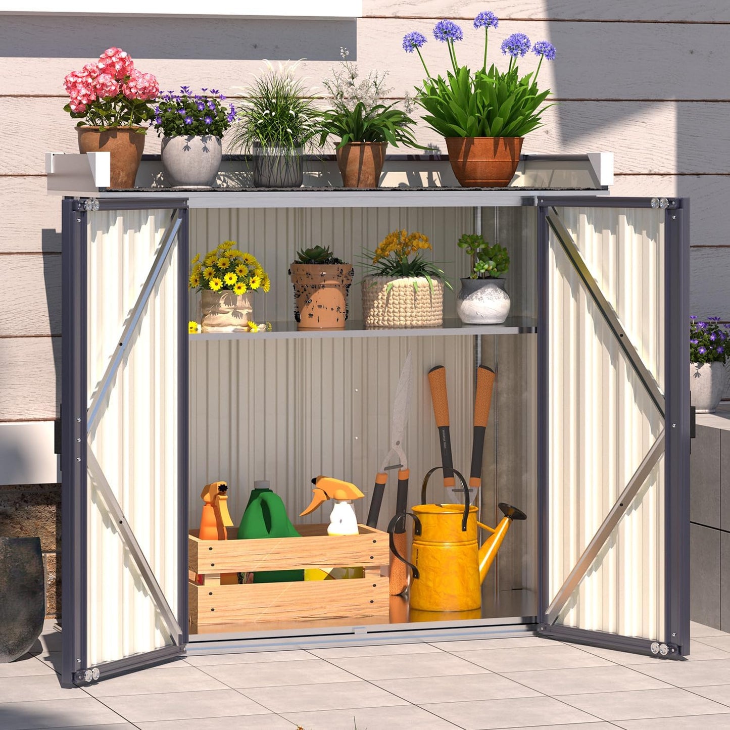 YODOLLA Metal Outdoor Storage Cabinets Potting Bench Patio Garden Work Table with Adjustable Shelves in Gray