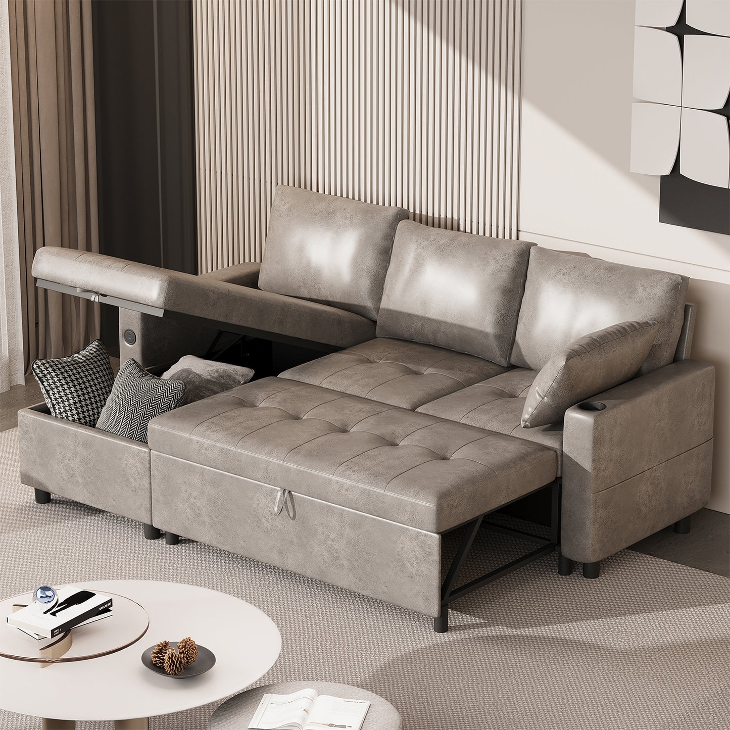 YODOLLA Sofa Bed, 3 in 1 Sleeper Sofa with Storage Chair, Faux Leather L Shape Couch, Sectional Pull Out Sofa Bed Mid Century Modern Couch for Living Room Clearance, Comfy Sleeper Couch in Grey