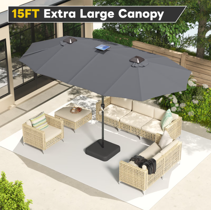AECOJOY 15 x 9 ft Rectangular Double-Sided Patio Umbrella, 360° Solar Lights with Included Base, 1.9" Pole,Dark Gray