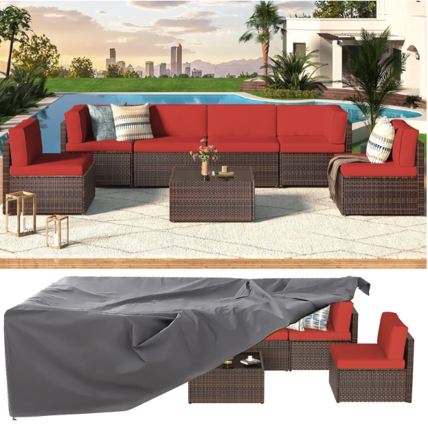 YODOLLA 7-Piece Patio Furniture w/ Protection Cover, Outdoor Sectional Sofa Couch w/ Coffee Table, Patio Conversation Set in Brown Wicker& Red Cushions