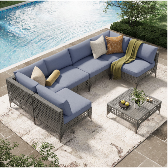 YODOLLA 7-Piece Patio Furniture Set with Tea Table, Rattan Wicker Outdoor Sectional Furniture Sofa Conversation Set, Grey Rattan&Blue Cushions