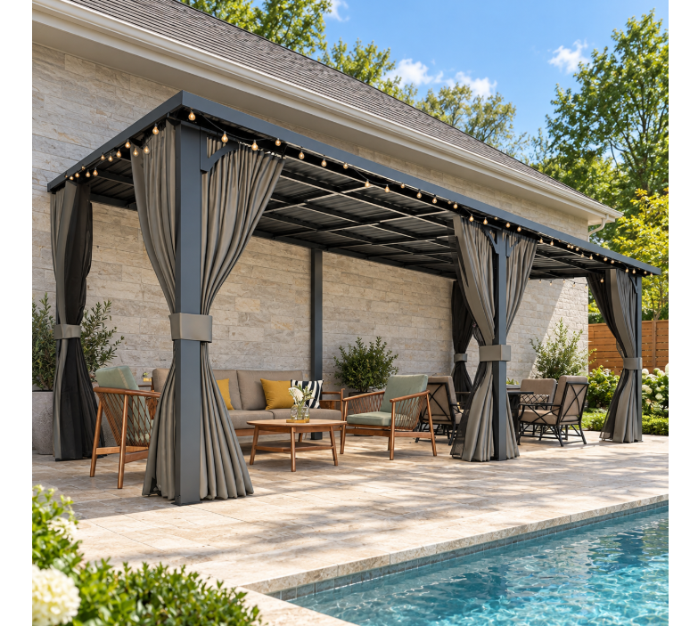 YODOLLA 20x10ft Wall-Mounted Hardtop Gazebo with Curtains and Netting, Heavy Duty Outdoor Pergola for Patio and Deck