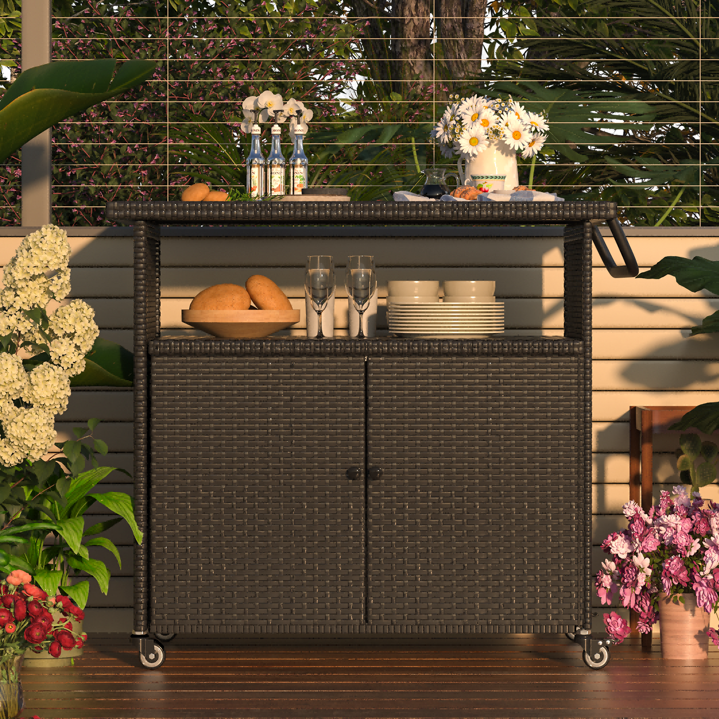 YODOLLA Outdoor Wicker Bar Table with Wheels & Shelf Patio Serving Table Outdoor Storage Cabinet, Black