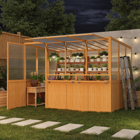 YODOLLA 6x10 Ft Wood Greenhouse, Greenhouses for Outdoors with Openable Window & Lockable Door, Heavy Duty Lean to Walk in Greenhouse with Polycarbonate Panel for Outside, Garden and Backyard