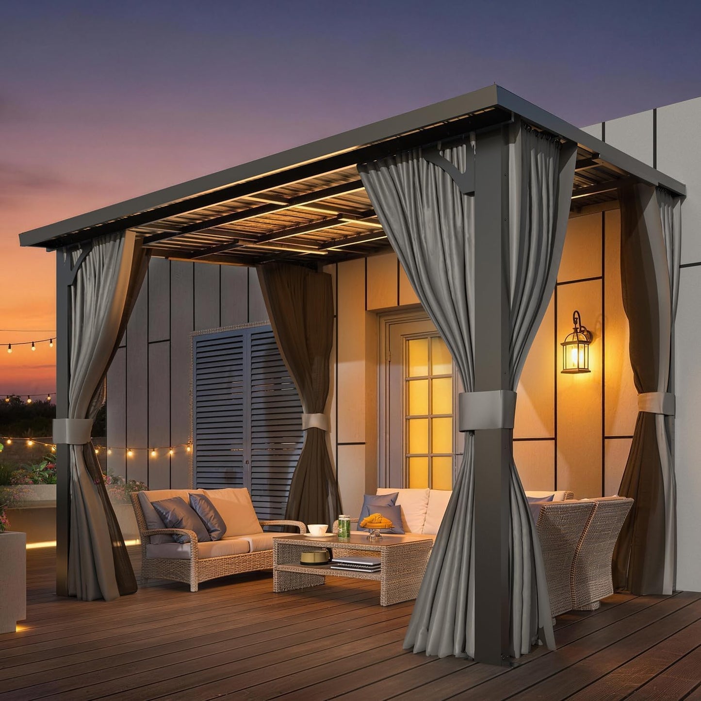 AECOJOY 14' x 8' Hardtop Patio Gazebo with Curtains and Netting, Wall Mounted Heavy Duty Outdoor Pergola on Clearance with Galvanized Steel Roof, Waterproof Metal Grill Gazebo for Backyard