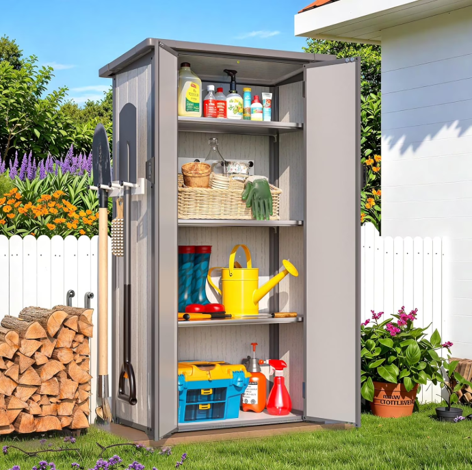 YODOLLA 30 Cu. Ft Outdoor Resin Storage Shed with Floor Wateproof Small Plastic Cabinet Heavy Duty Patio Storage Building for Tools, Backyard