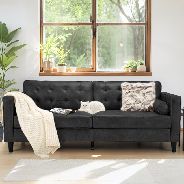 AECOJOY Leather Couch Sofa 84.2” Mid-Century Sectional Sofa 3 Seater Sofa on Clearance,Black