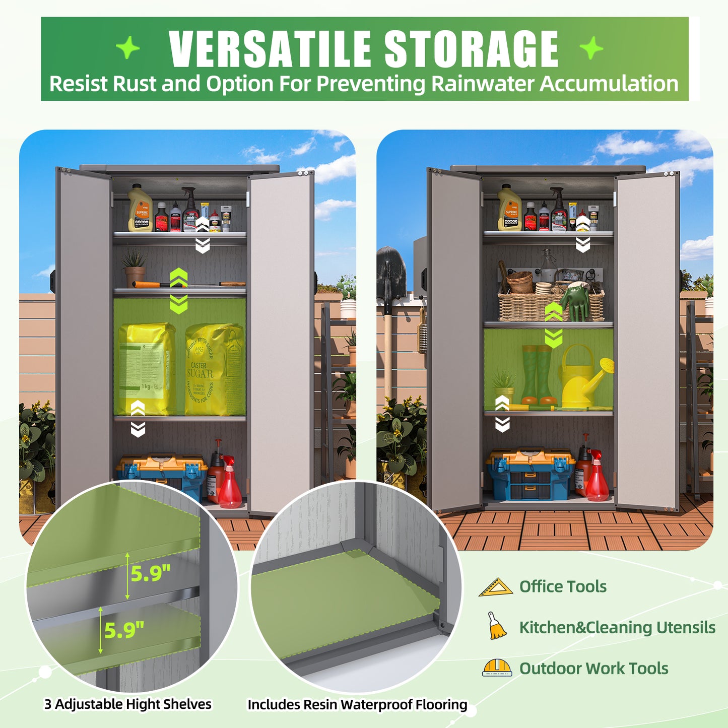 YODOLLA 70.5'' Outdoor Resin Storage Shed Plastic Storage Cabinet with Sloped Roof and 3 Adjustable Shelves