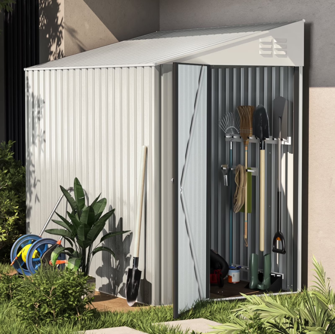 YODOLLA 4.2' x 7' Outdoor Metal Storage Side Shed with Lockable Door Metal Attached Lean-To Shed for Backyard in White