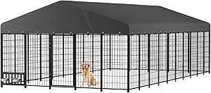 Outdoor Dog Kennel for Yard, 10x20 Large Steel Chain Link Fence with Roof, Dog Run Enclosure with Self-Locking Latch & Feeding Bowl