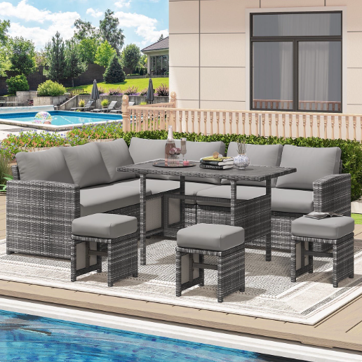 YODOLLA 7-Piece Patio Funiture Set on Sale, Outdoor Sectional Sofa Couch with Dining Table, Patio Conversation Set in Gray Wicker& Gray Cushions