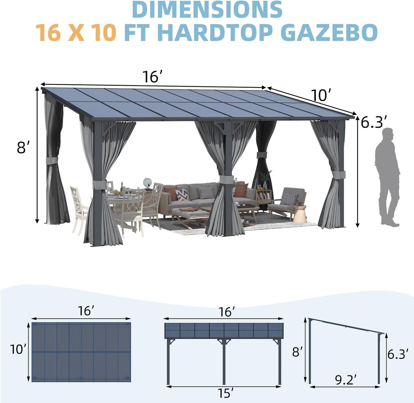YODOLLA 16' x 10' Outdoor Hardtop Gazebo With Mosquito Net, Pergola for Garden, Patio, Backyard-Dark Grey