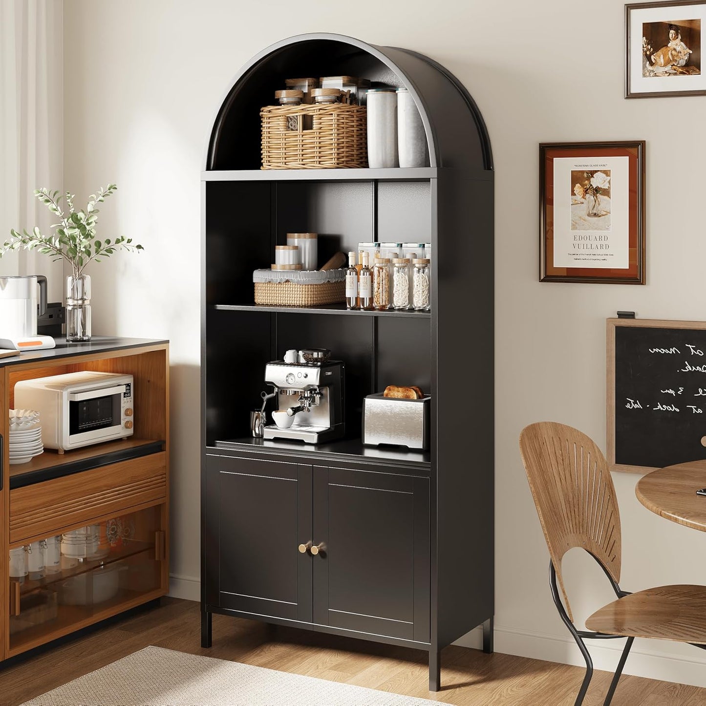 YODOLLA 73" Metal Arched Cabinet,Storage Display Arched bookcase with Open & Adjustable Shelves,Pantry,Curio Cabinet, Black