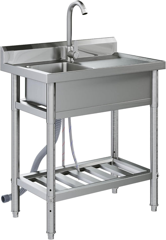 AECOJOY Stainless Steel Utility Sink,Freestanding Single Bowl Laundry Sink with Shelf Board,Outdoor Sink with Hose Hookup for Restaurant, Laundry Room, Garage, Commercial Kitchen