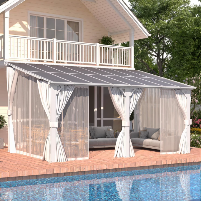AECOJOY 16'x8' Lean to Gazebo Outdoor Pergola with Curtains and Netting, 8x16 Hardtop Pergolas and Gazebos Clearance with Patio Roof, Large Wall Mounted Heavy Duty Metal Awnings, White