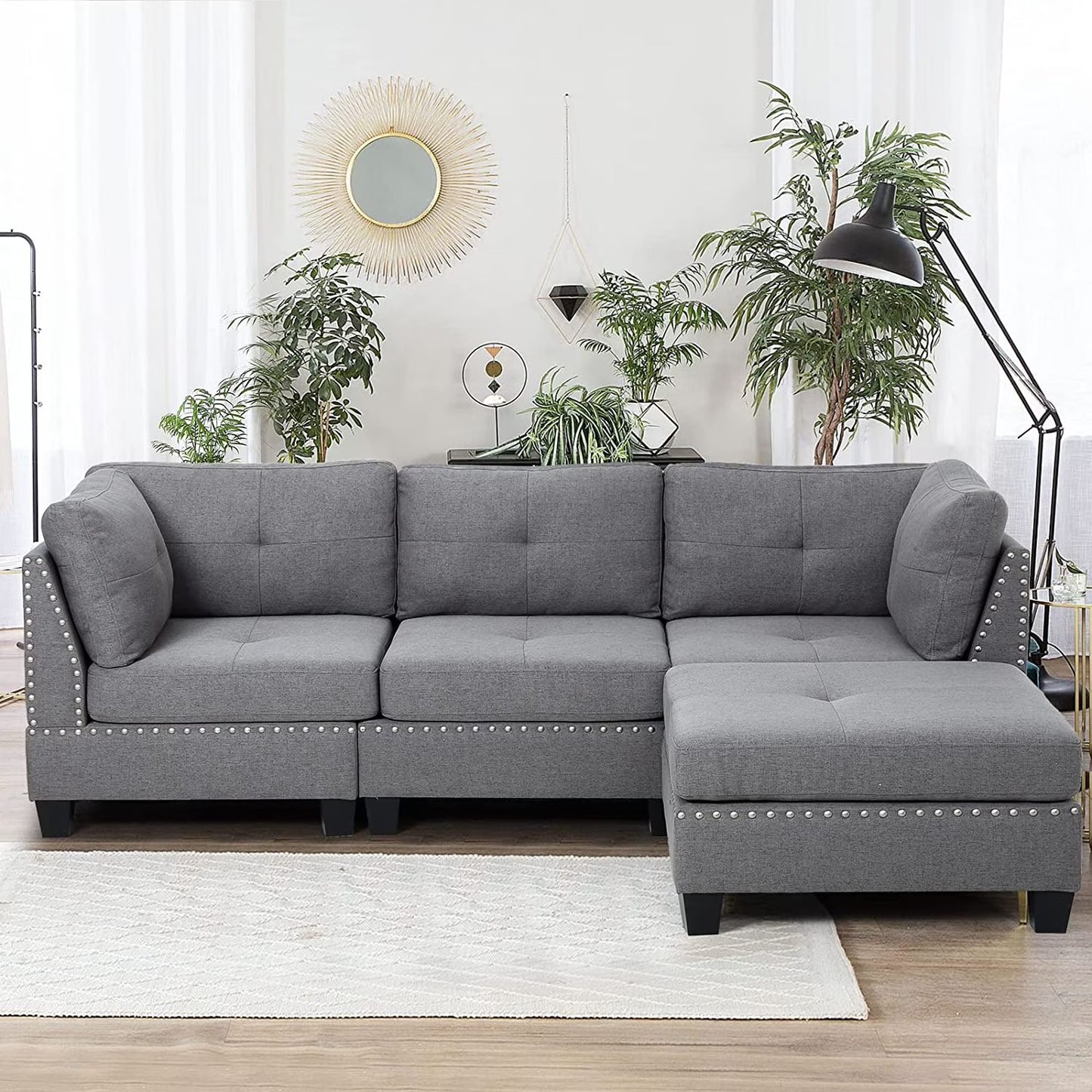 YODOLLA 88.6" Gray Sectional Sofa with Ottoman, L Shape Tufted Living Room Couch with Chaise