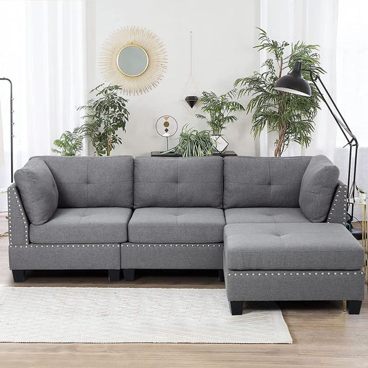 YODOLLA 88.6" Gray Sectional Sofa with Ottoman, L Shape Tufted Living Room Couch with Chaise
