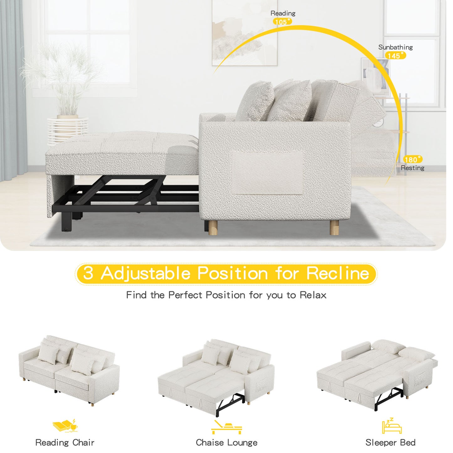 YODOLLA 71" Sleeper Sofa Bed & 3-in-1 Futon Pull Out Couch for Living Room & Bedroom, Convertible Loveseat in Teddy Velvet White sofa bed