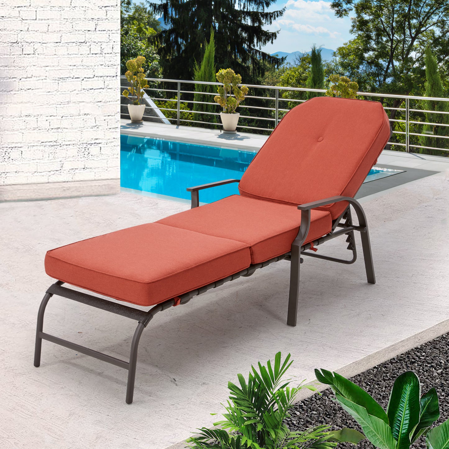 YODOLLA Adjustable Patio Lounge Chair with Thick Cushion Outdoor Chaise Lounge Recliner, Orange