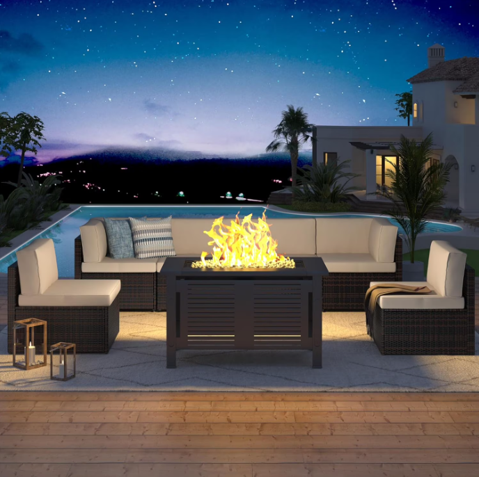 YODOLLA 7-Piece Patio Furniture Set with 43" Fire Pit Table, Rattan Wicker Outdoor Sectional Sofa Couch with Table Patio Conversation Set for Lawn& Backyard In Beige