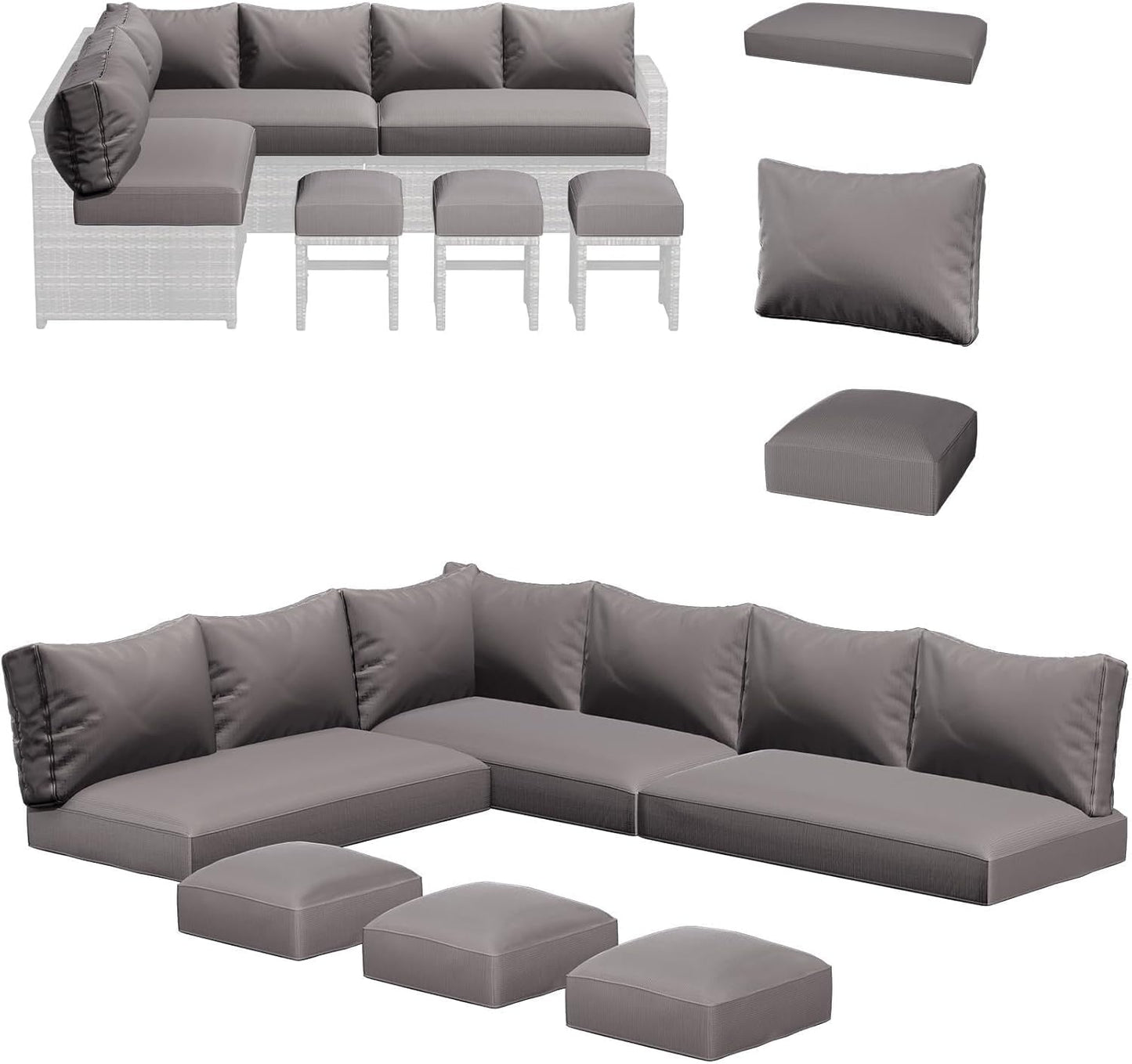 AECOJOY Outdoor Cushions, 4 inch Patio Cushions for Outdoor Furniture, Replacement Cushions Fits 7-Seats Sectional Rattan Conversation Set, Splashproof, Memory Foam Cushions and Covers in Dark Gray