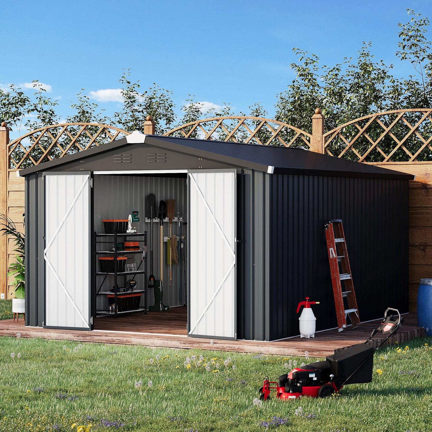 AECOJOY 10' x 14' Outdoor Storage Shed with Lockable Door Patio Metal Garden Storage Building in Dark Gray for Outside