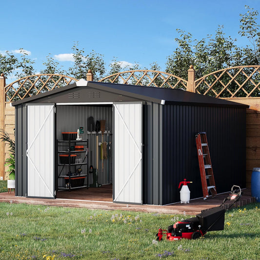 AECOJOY 10' x 14' Outdoor Storage Shed with Lockable Door Patio Metal Garden Storage Building in Dark Gray for Outside