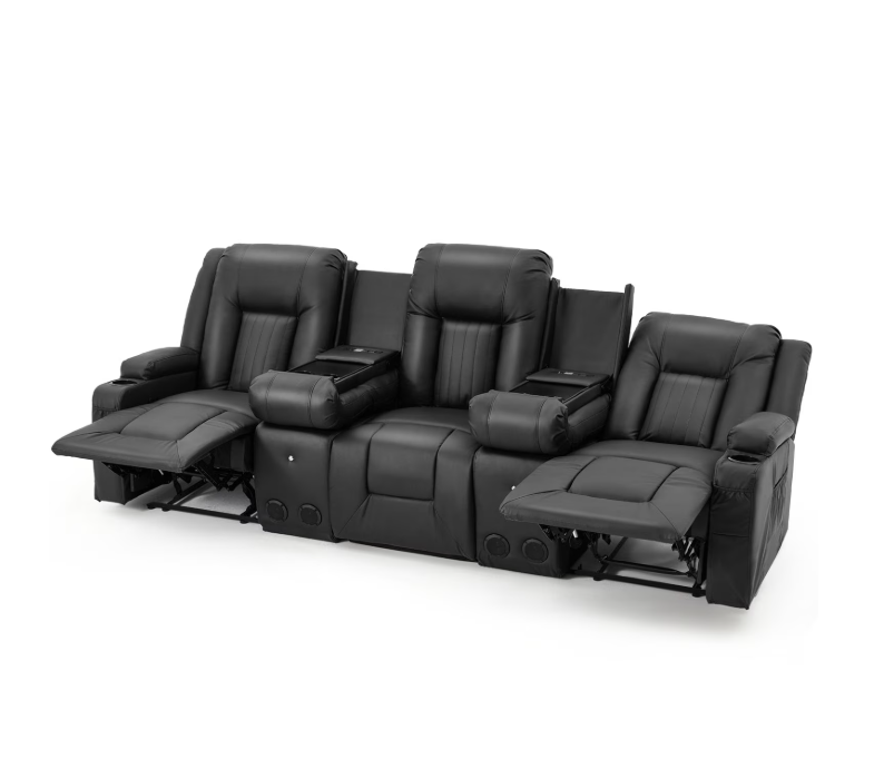 YODOLLA Reclining Sofa with 2 Console&Bluetooth Speakers, Manual RV Recliner Couch with USB Ports&4 Cup Holders, 2 Side Pockets Recliners on Clearance Home Theater Seating, Fuax Leather, Black
